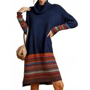 NEW STYLE U giselle fair isle turtleneck knit dress in midnight